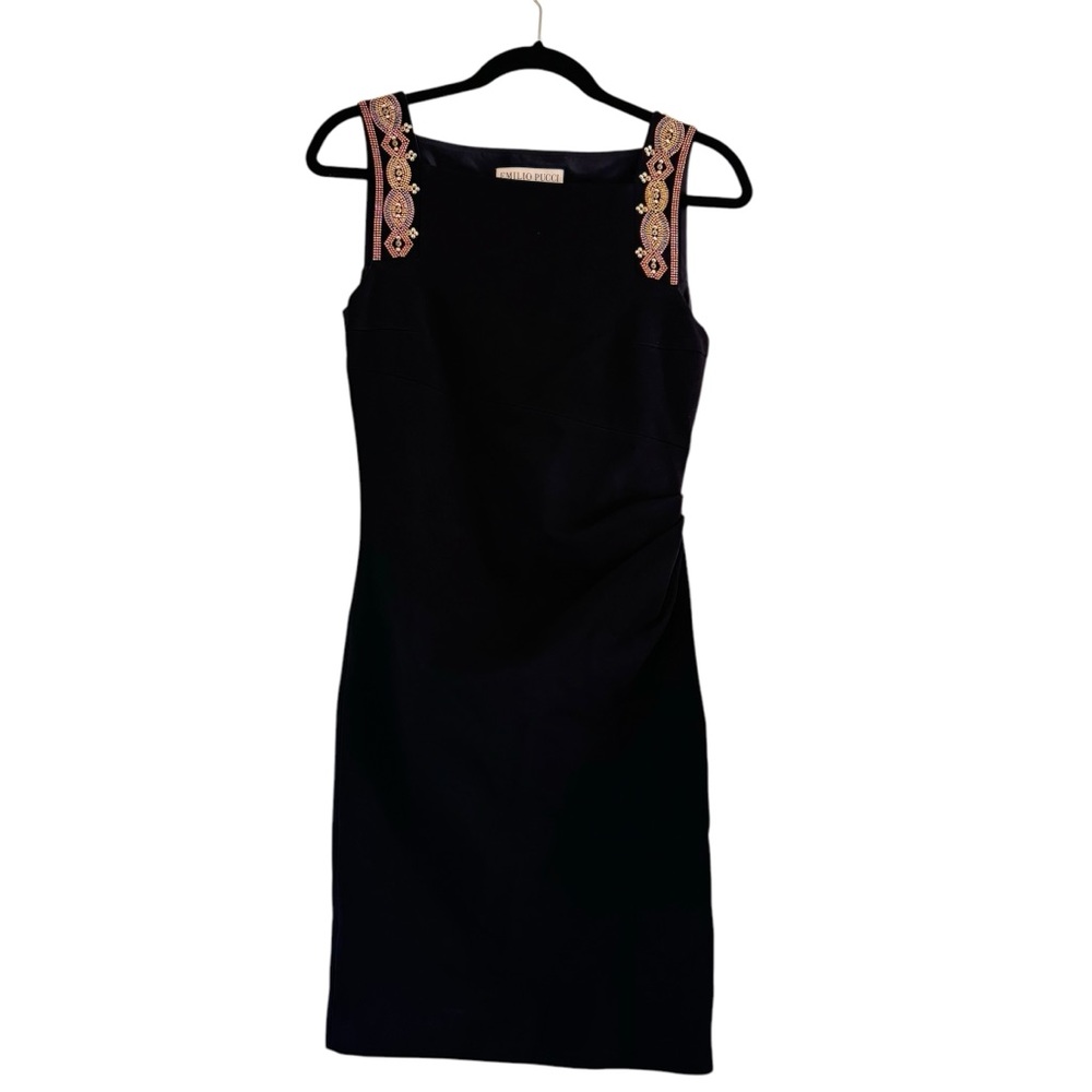 Emilio Pucci‎ Women's Black Beaded Strap Sheath Dress Silk Lined Italy Size 38